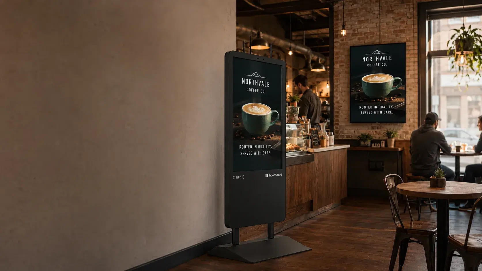 Local main street with small-business storefront screens displaying neighborhood ads